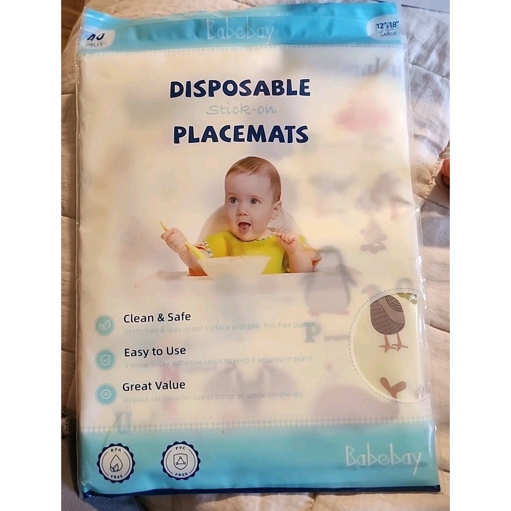 Disposable Stick-on Placemats 40 Pack for Babies 12"x18" Animal Patterns Babebay - Picture 1 of 5